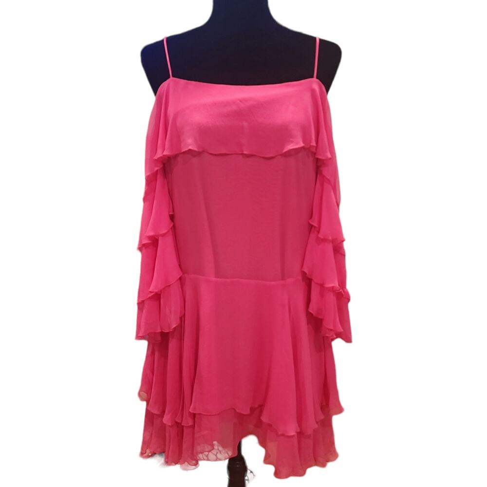 Alice + Olivia Lexis Fuchsia Silk Tiered Ruffle Dress Size 12 - Picture 9 of 10